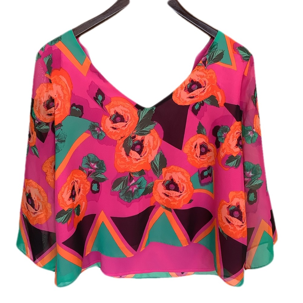 Bison Bisou V neck, floral, color block, crop top blouse, 3/4 boho sleeve, small